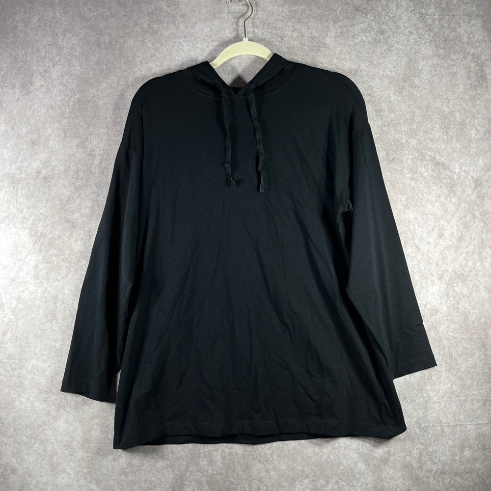 Eileen Fisher Hoodie Shirt Women Size PM Black Knit Long Sleeve Pullover Capsule